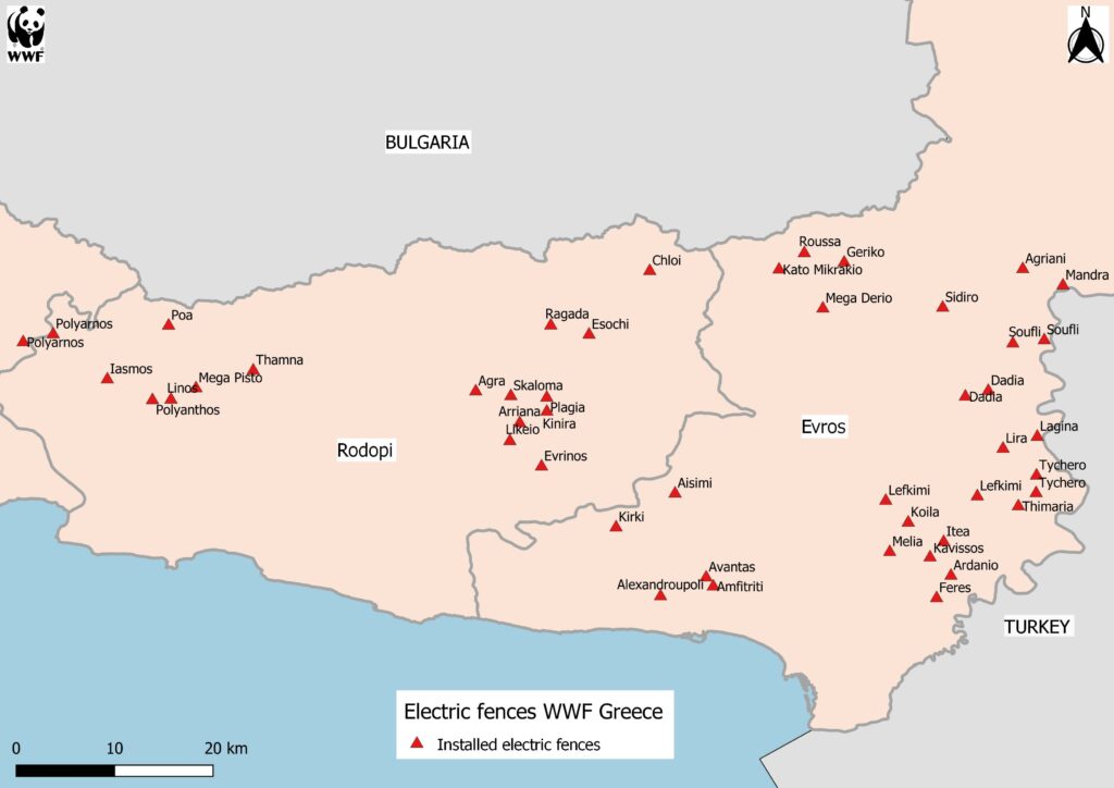 Map showing the electric fences installed by WWF Greece 