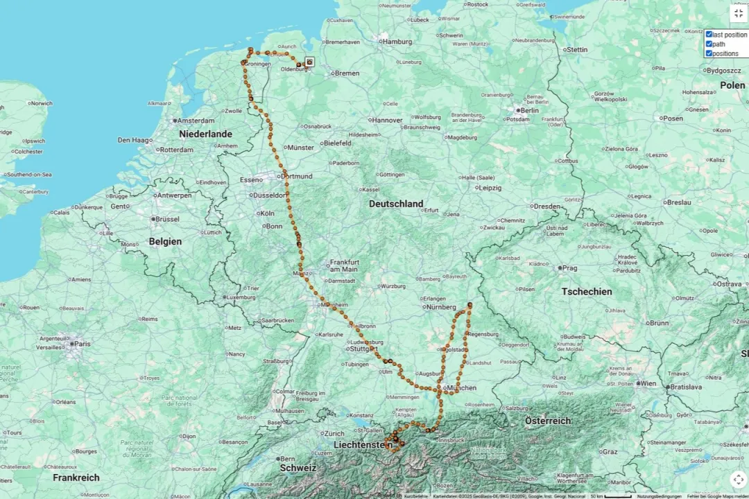 Satellite map of the movement of the Bearded Vulture Vinzenz