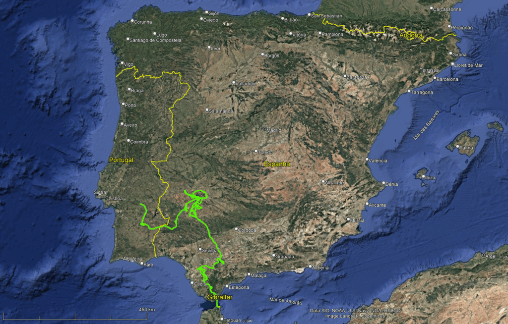 Map of Spain and Portugal showing the movements of the Ruppell's Vulture since its tagging in Morocco in May 2025