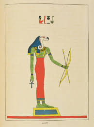Egyptian art image: a female figure with a vulture head, an ahnk in one hand and bow and arrow in the other
