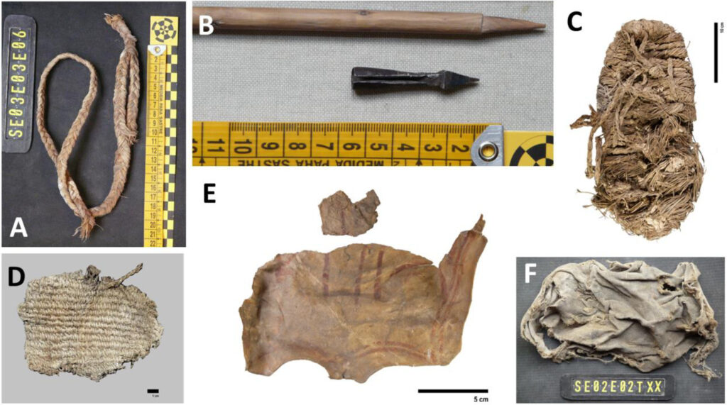 A collection of handcrafted materials found in ancient Bearded Vulture nests. (A) Part of an esparto grass slingshot. (B) A detail of a crossbow bolt and its wooden lance. (C) Agobía (Sierra Nevada, Granada), a rough footwear made of several species of grass and twigs, C-14 dated at 674 ± 22 years Before Present (ETH-138982). Agobías typically lasted for a few days of wear and were continuously repaired and replaced by hand by the wearer. (D) A basketry fragment C-14 dated at 151 ± 22 years Before Present (ETH-138980). (E) A piece of sheep leather C-14 dated at 651 ± 22 years Before Present (ETH-138981) with red lines drawn, and (F) a piece of fabric. Scale bars are in centimeters. Photographs: Sergio Couto (A, B, D, and F) and Lucía Agudo Pérez (C and E).