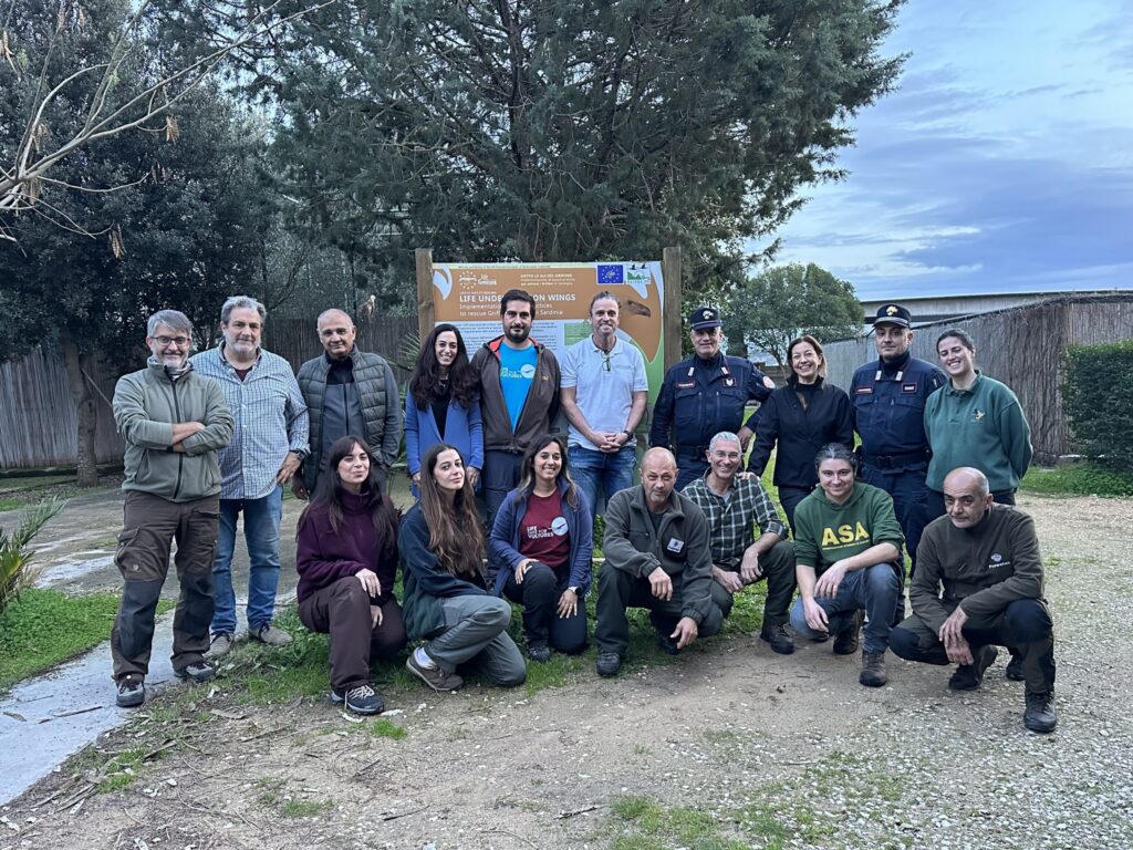 men and women lining up for the picture. they are the team responsible for Griffon Vulture transfer in South Sardinia