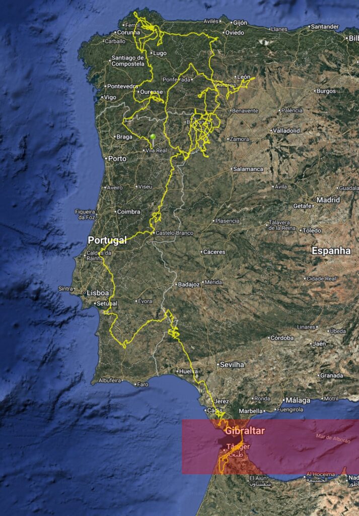 GPS map of the movements of the African White-backed vulture tagged in Morocco in 2026 and flying over Spain and Portugal