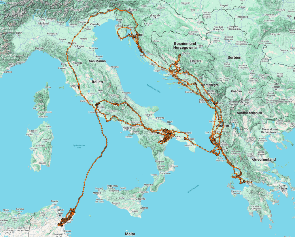 Map showing Egyptian Vulture Gabriel map from Tunisia to Italy, to the Balkans and back to Italy