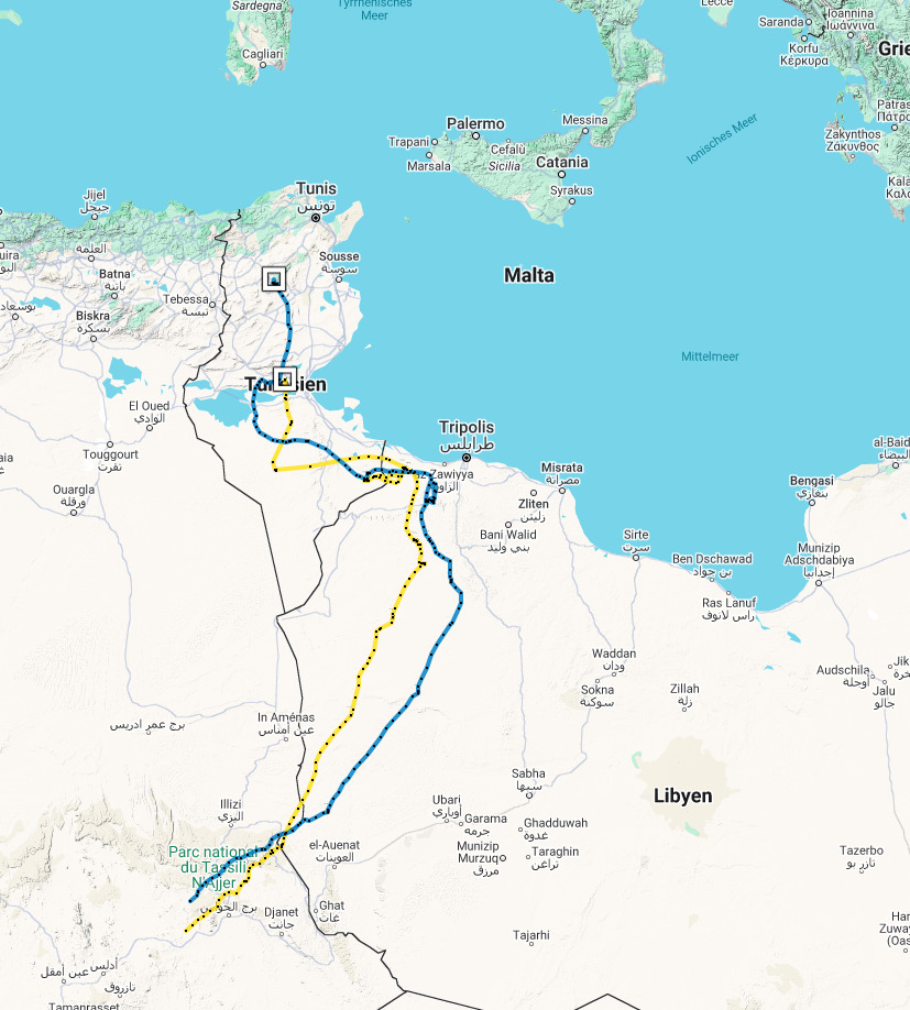 Map showing the route of Egyptian Vultures Pablo and Gabriel