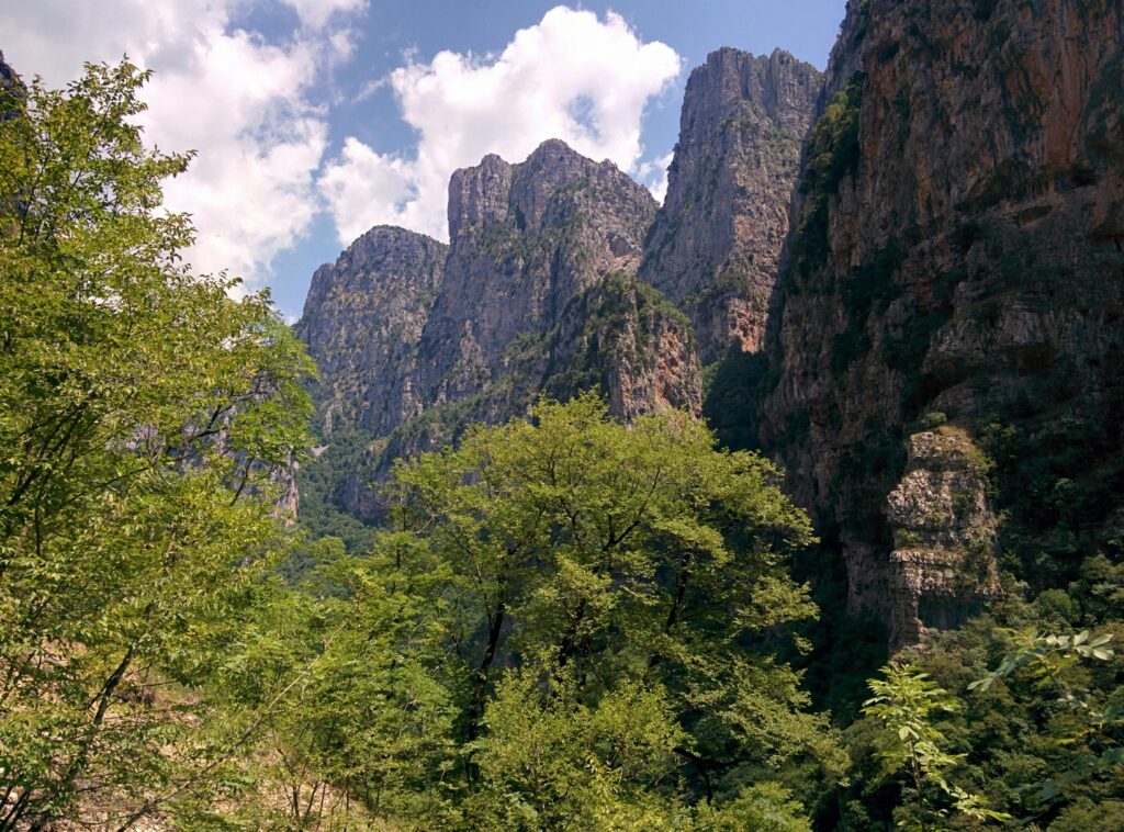 cliffs in the North Pindos National Park in Greece with tree in the front